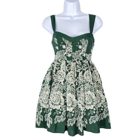 Maaji Mini Dress Green with Ivory Embroidered Flowers Smocked Back Straps M NEW - Picture 1 of 10